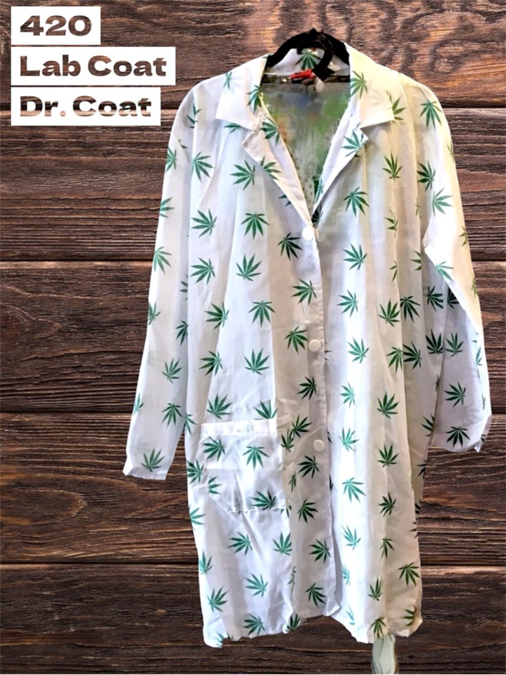 420 Costume Long Lab/Doctor Coat Cannabis Leaf Print w/Chest pocket OS Free Size